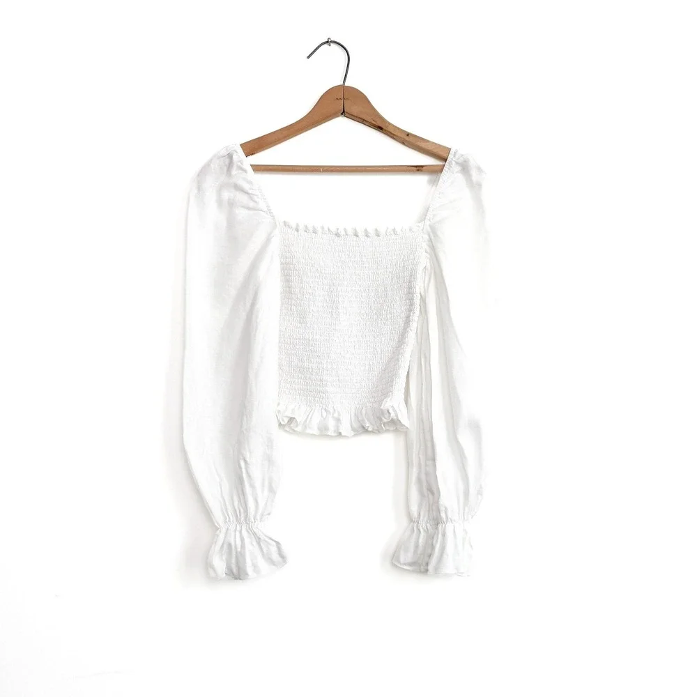 Reformation White Linen Smocked Puff‎ Sleeve Top | Square Neck | Size M